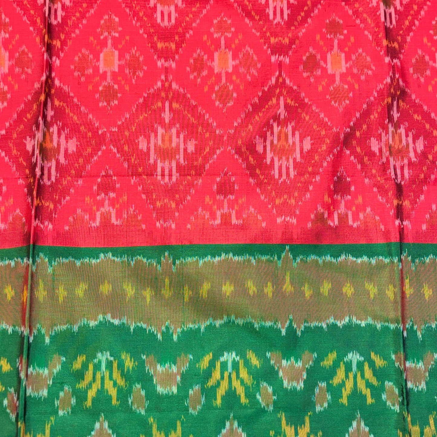 Red & Green Mulberry Silk Pochampally Ikat Dupatta