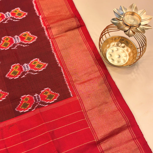 Maroon & Red Mulberry Silk Pochampally Ikat Dupatta
