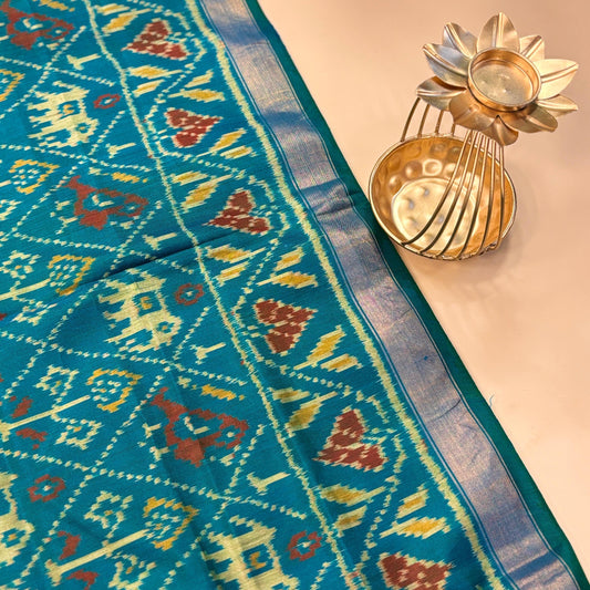 Teal Mulberry Silk Pochampally Ikat Dupatta