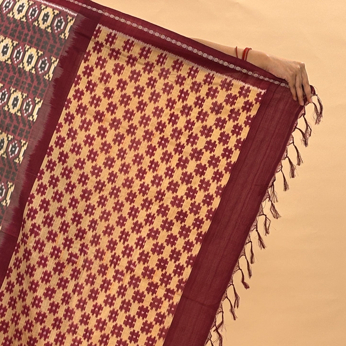 Maroon & Yellow Mulberry Silk Pochampally Ikat Saree