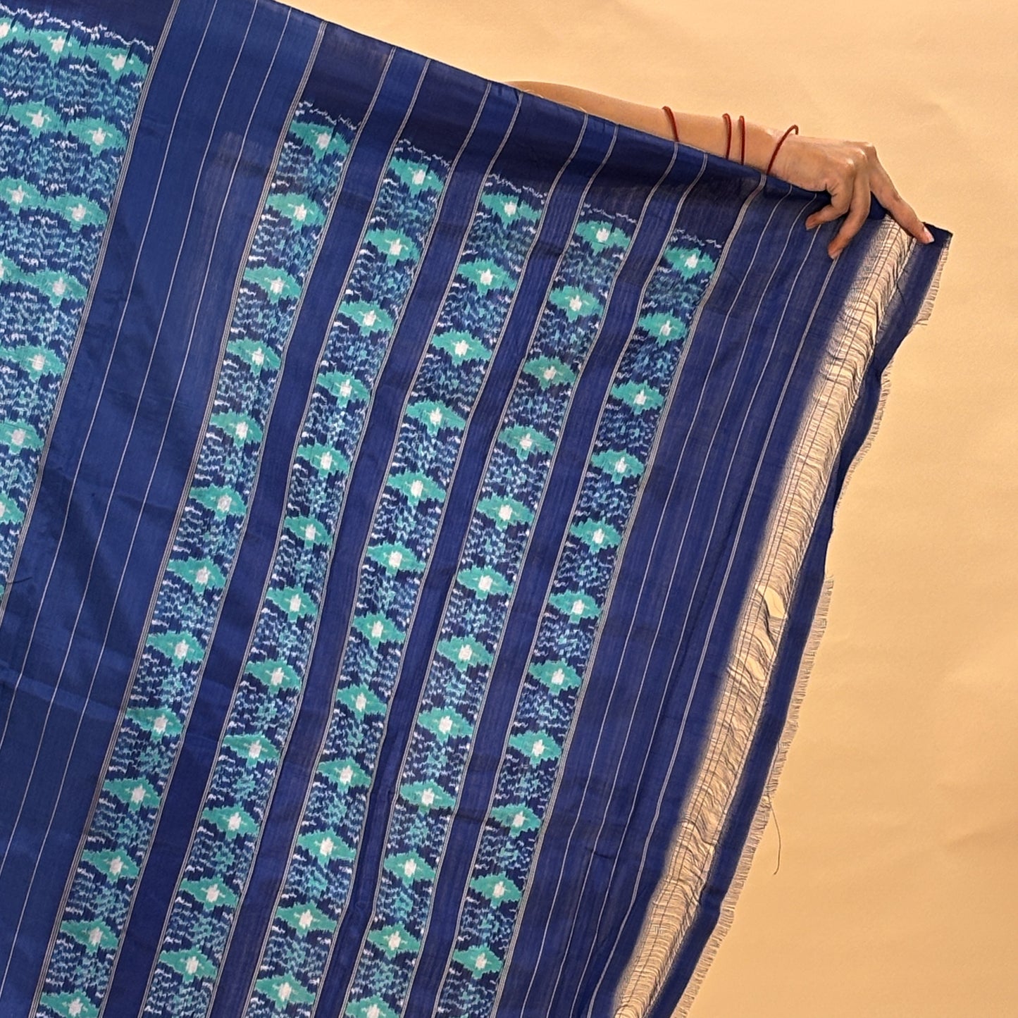 Blue & Turquoise Green Mulberry Silk Pochampally Floral Ikat Saree