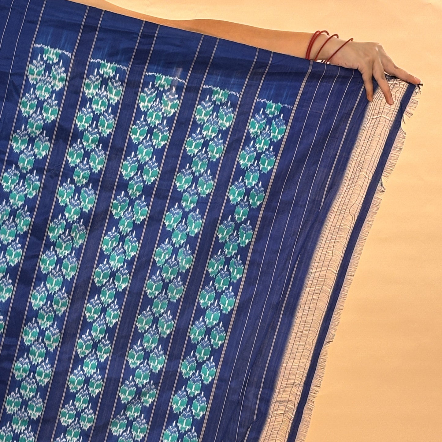 Blue & Sea Green Mulberry Silk Pochampally Geometric Ikat Saree