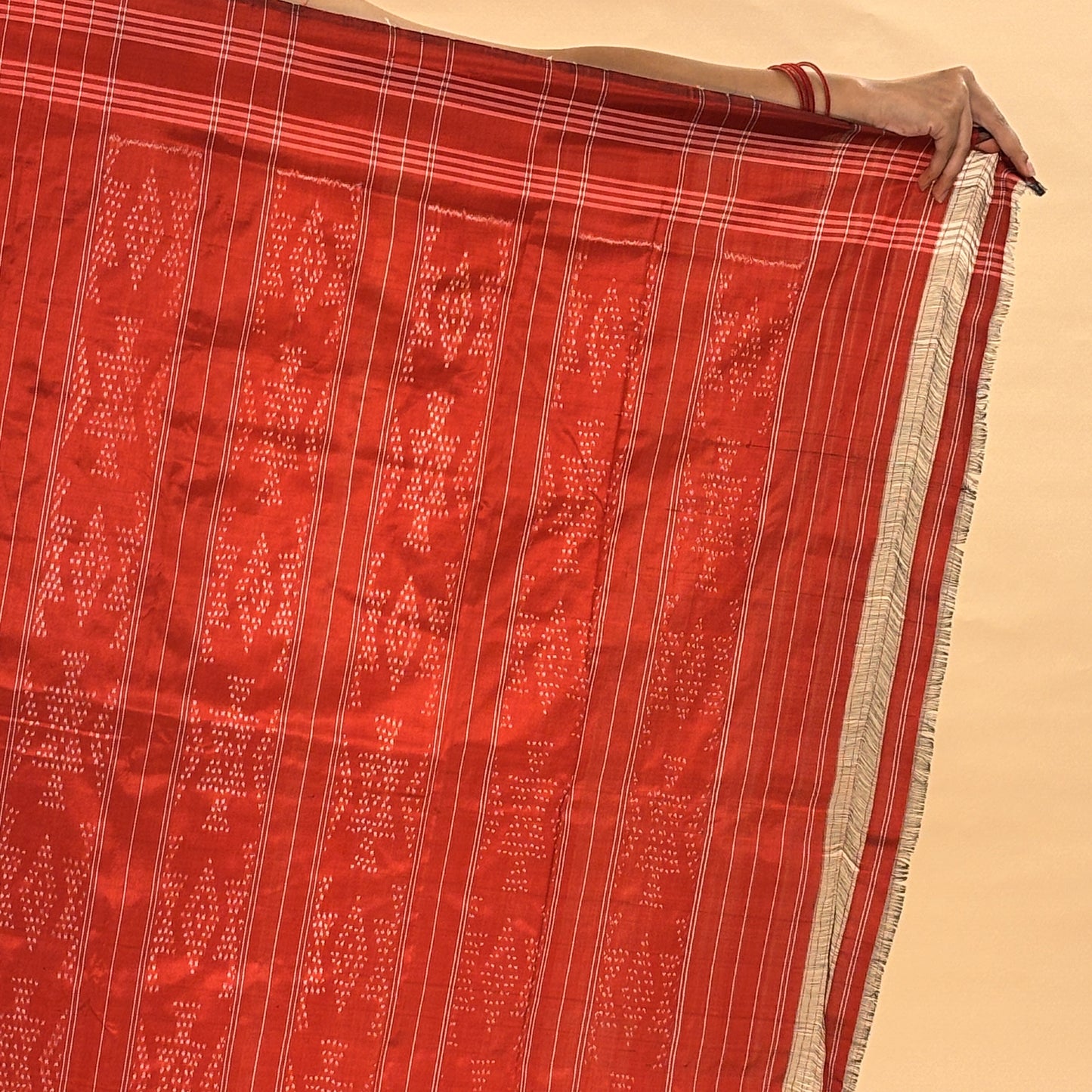 Orangish Red Mulberry Silk Pochampally Ikat Saree