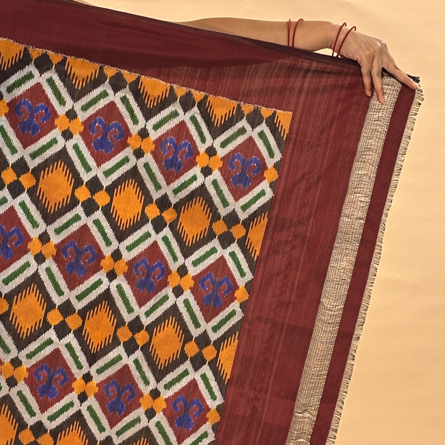 Maroon & Golden Mulberry Silk Pochampally Ikat Saree