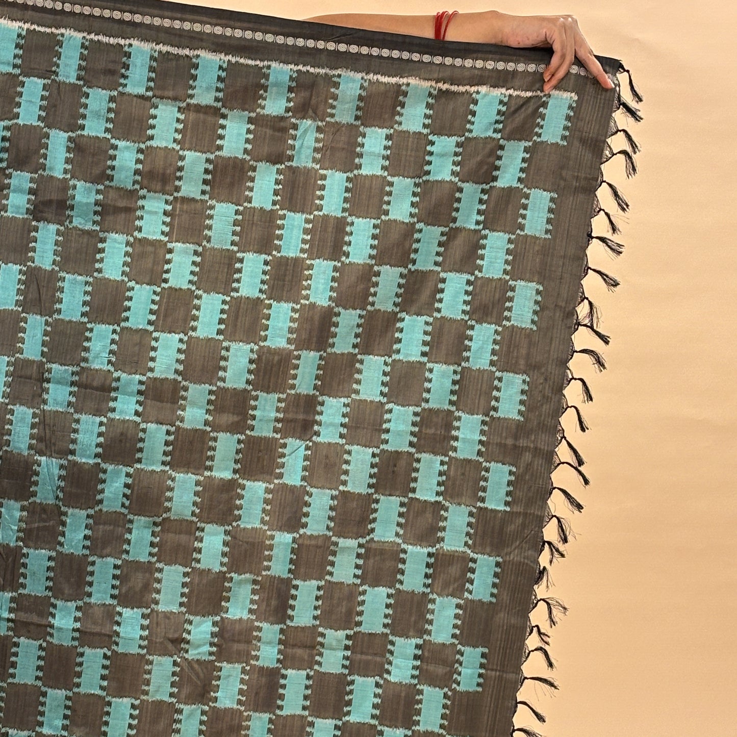 Green & Dark Grey Mulberry Silk Pochampally Ikat Saree
