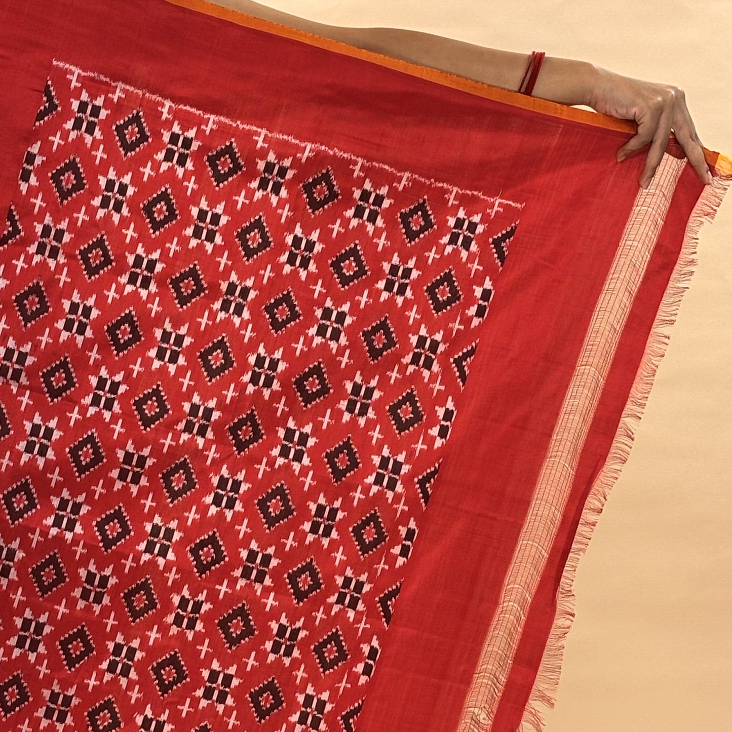 Red & White Mulberry Silk Pochampally Double Warp Ikat Saree