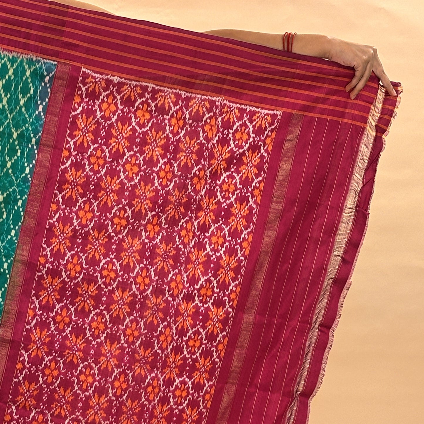 Turquoise Green & Magenta Mulberry Silk Pochampally Ikat Saree