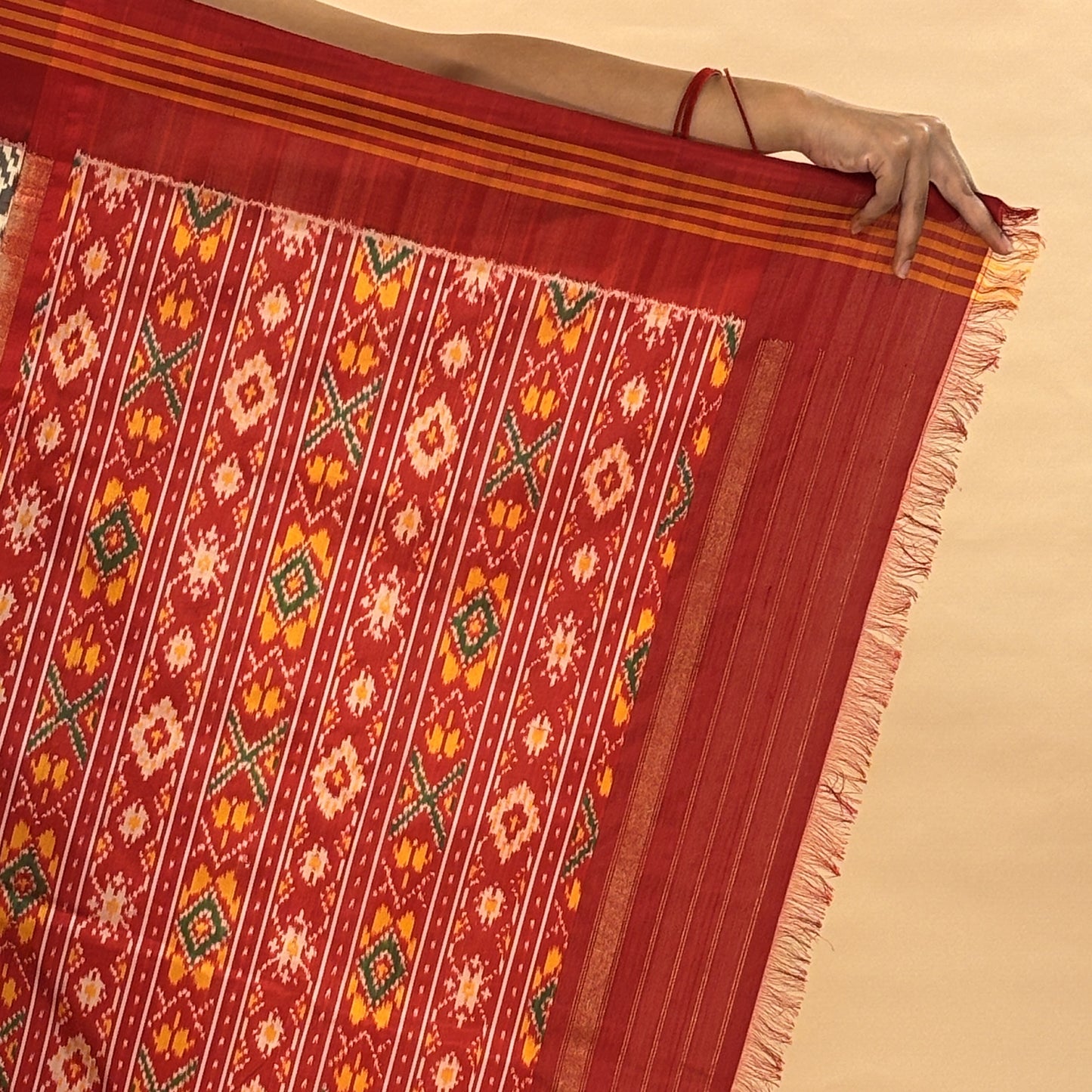 Pearl White & Red Mulberry Silk Pochampally Ikat Saree
