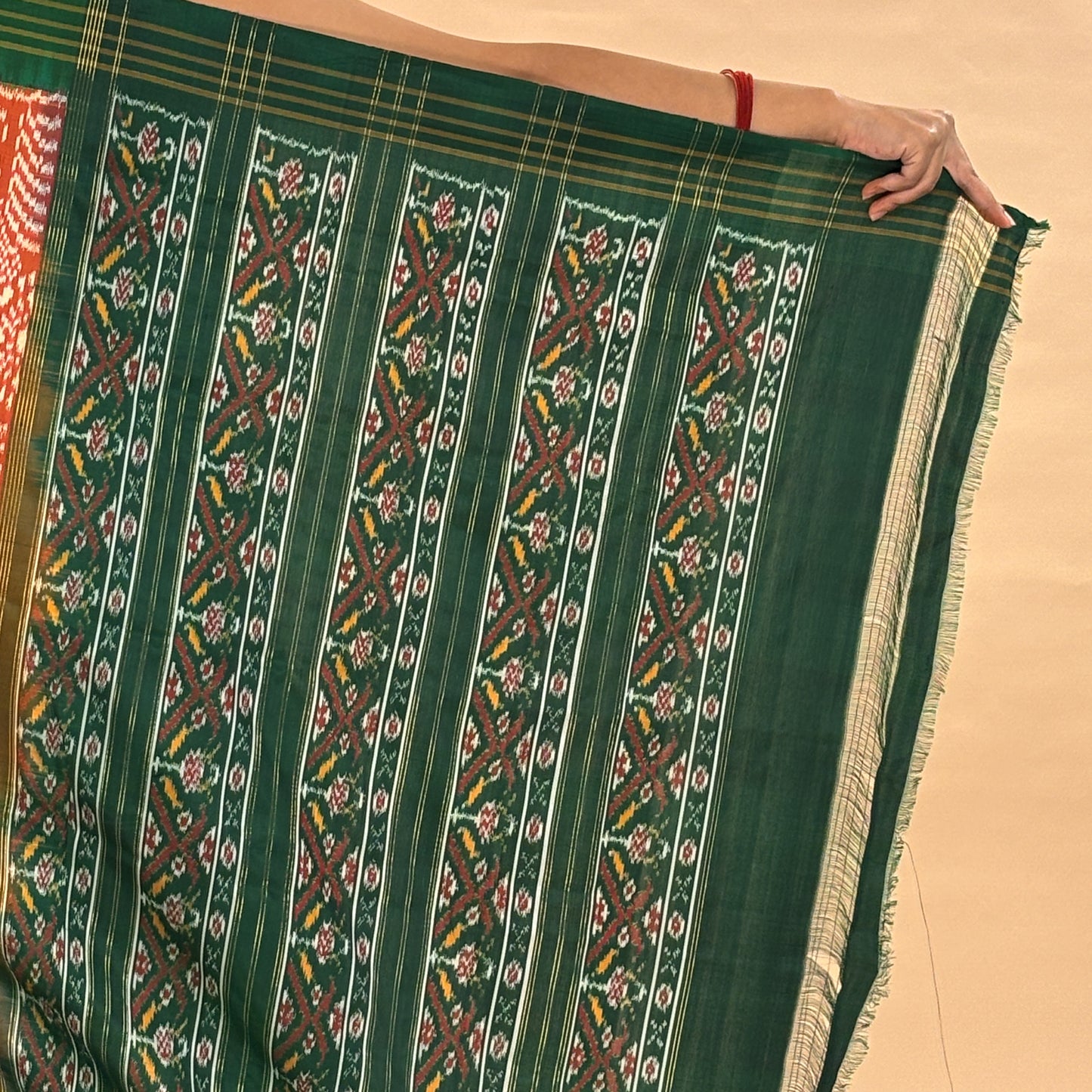 Rust Orange & Green Mulberry Silk Pochampally Ikat Saree