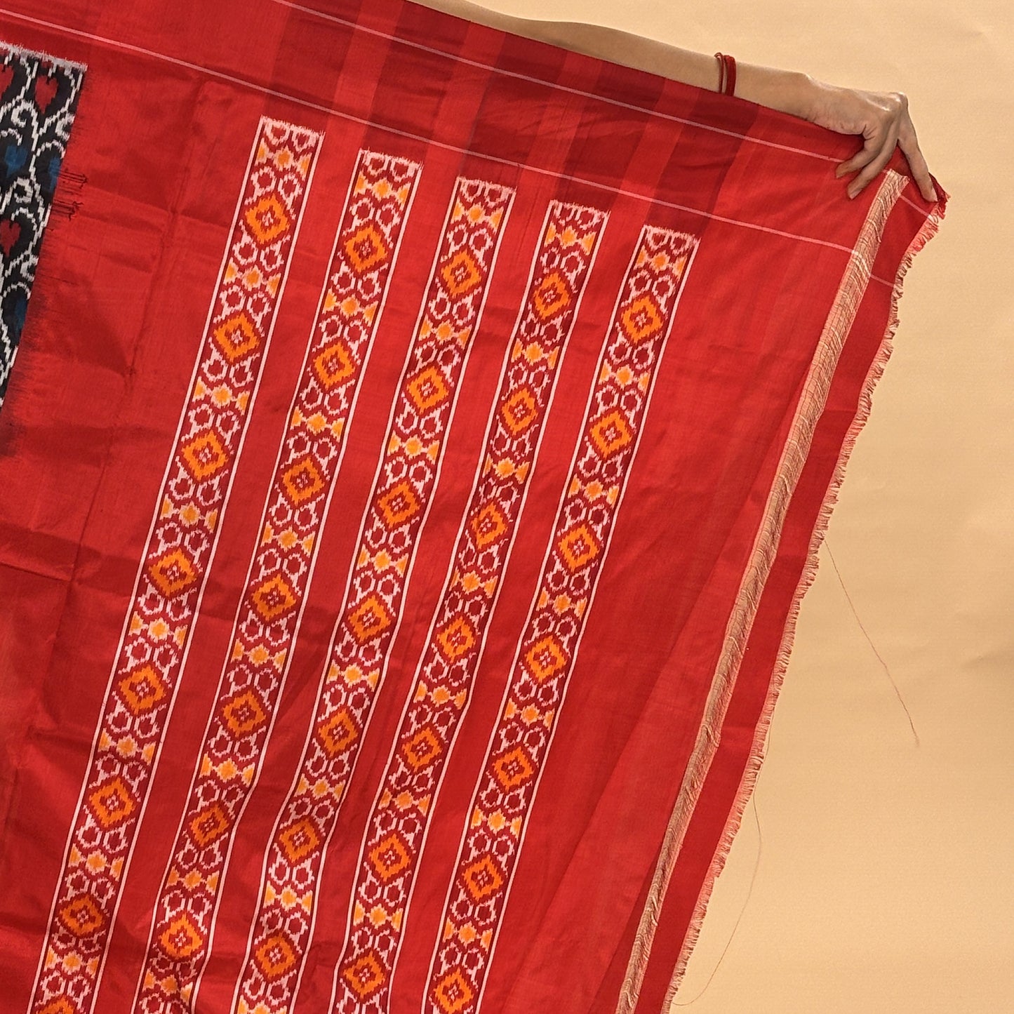 Red & Dark Blue Mulberry Silk Pochampally Ikat Saree