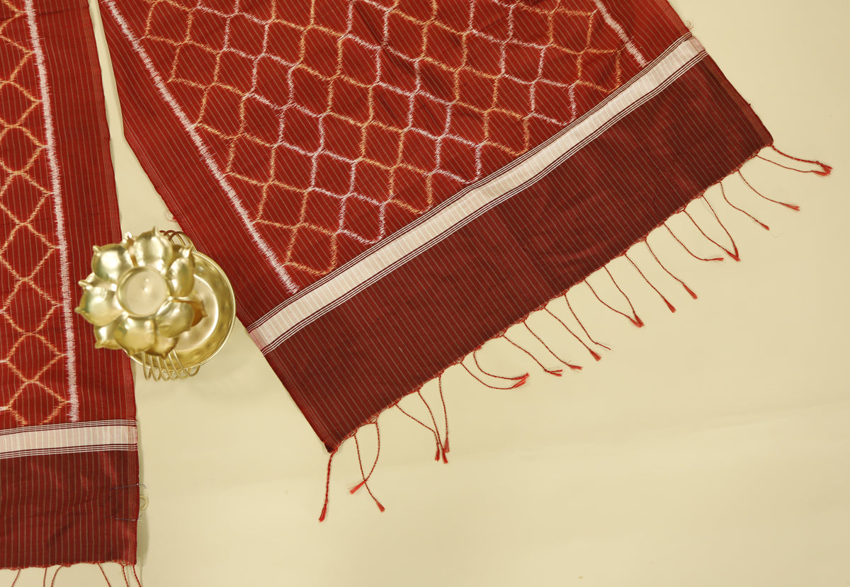 Red & Cream Mulberry Silk Odisha Ikat Stole