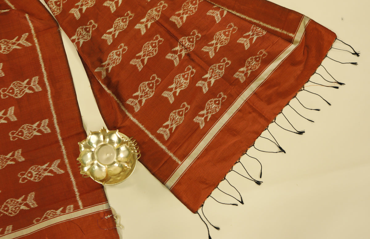 Rust Orange Mulberry Silk Odisha Ikat Stole