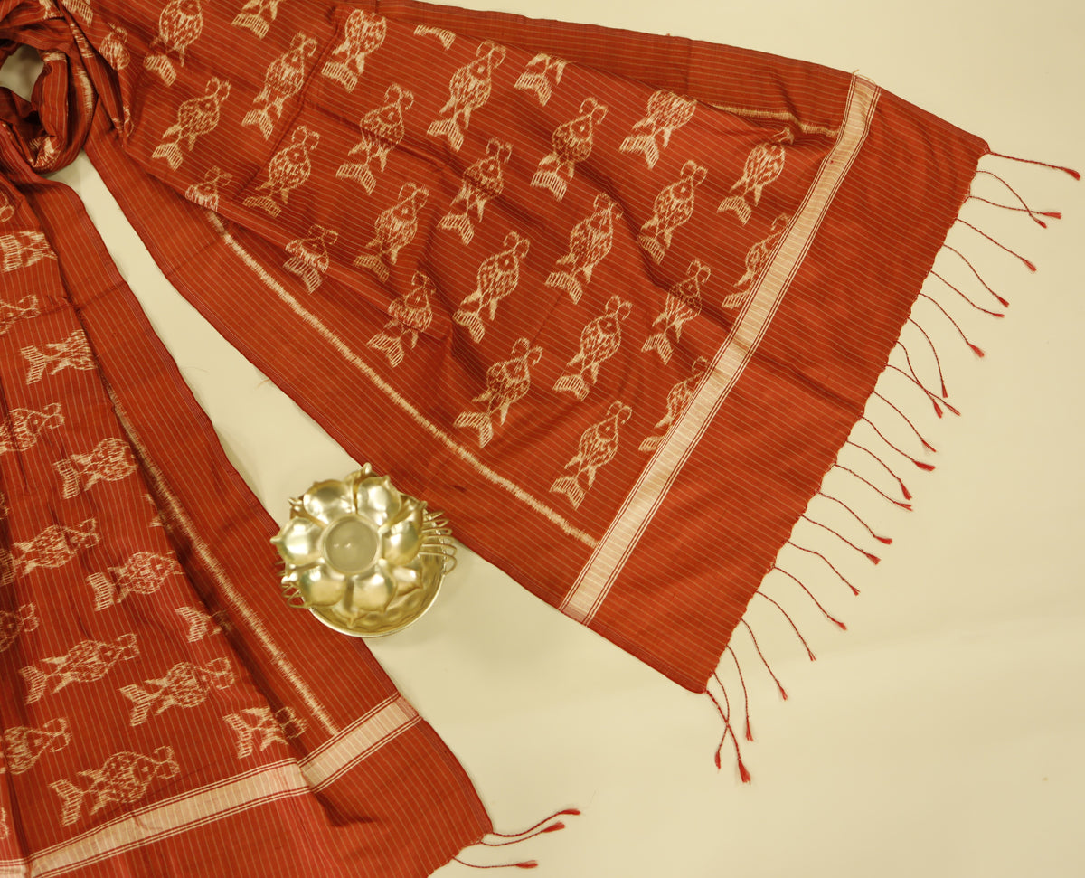 Rust Orange & Cream Mulberry Silk Odisha Ikat Stole