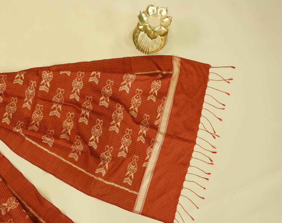 Rust Orange & Cream Mulberry Silk Odisha Ikat Stole
