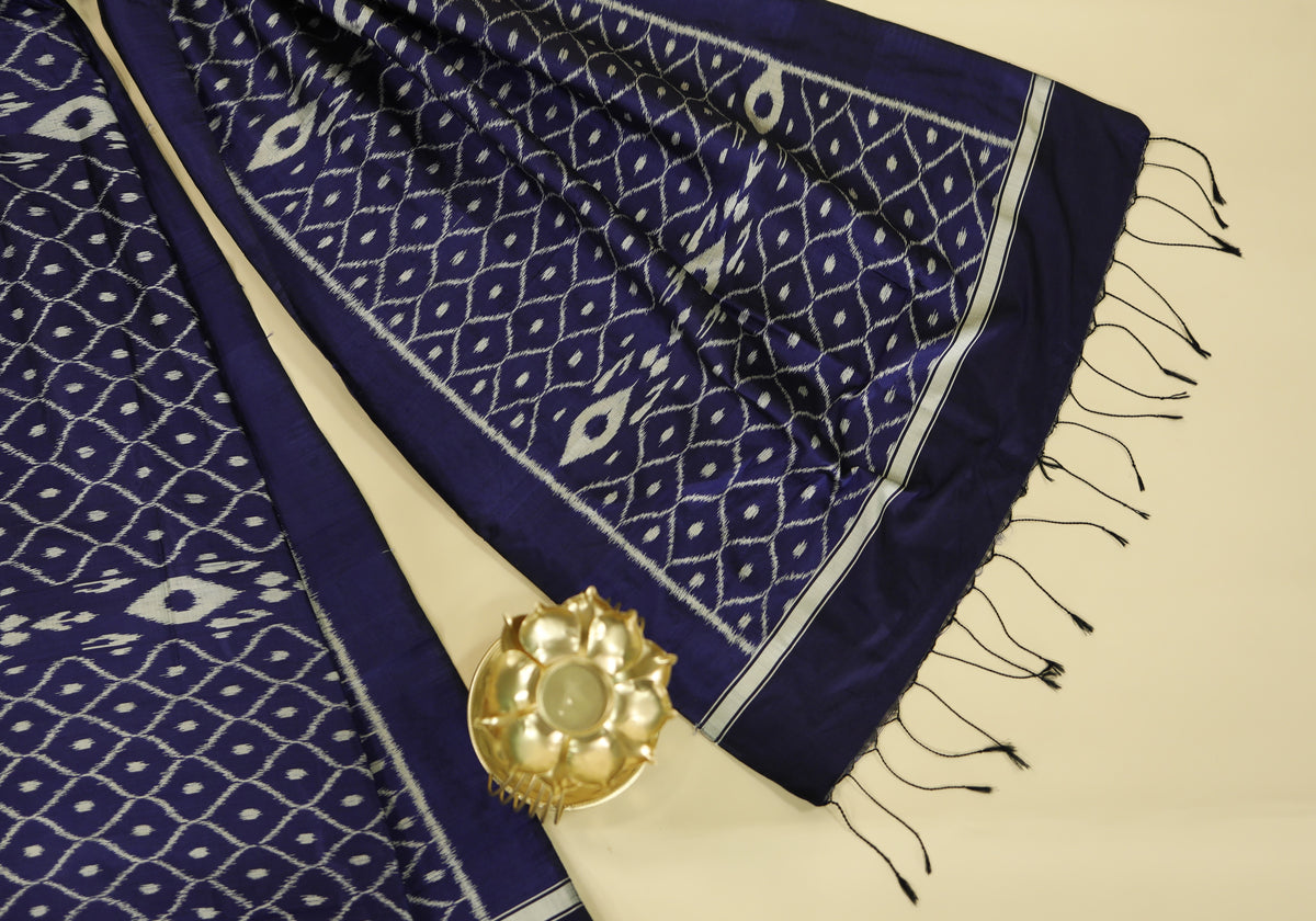 Royal Blue & Cream Mulberry Silk Odisha Ikat Stole