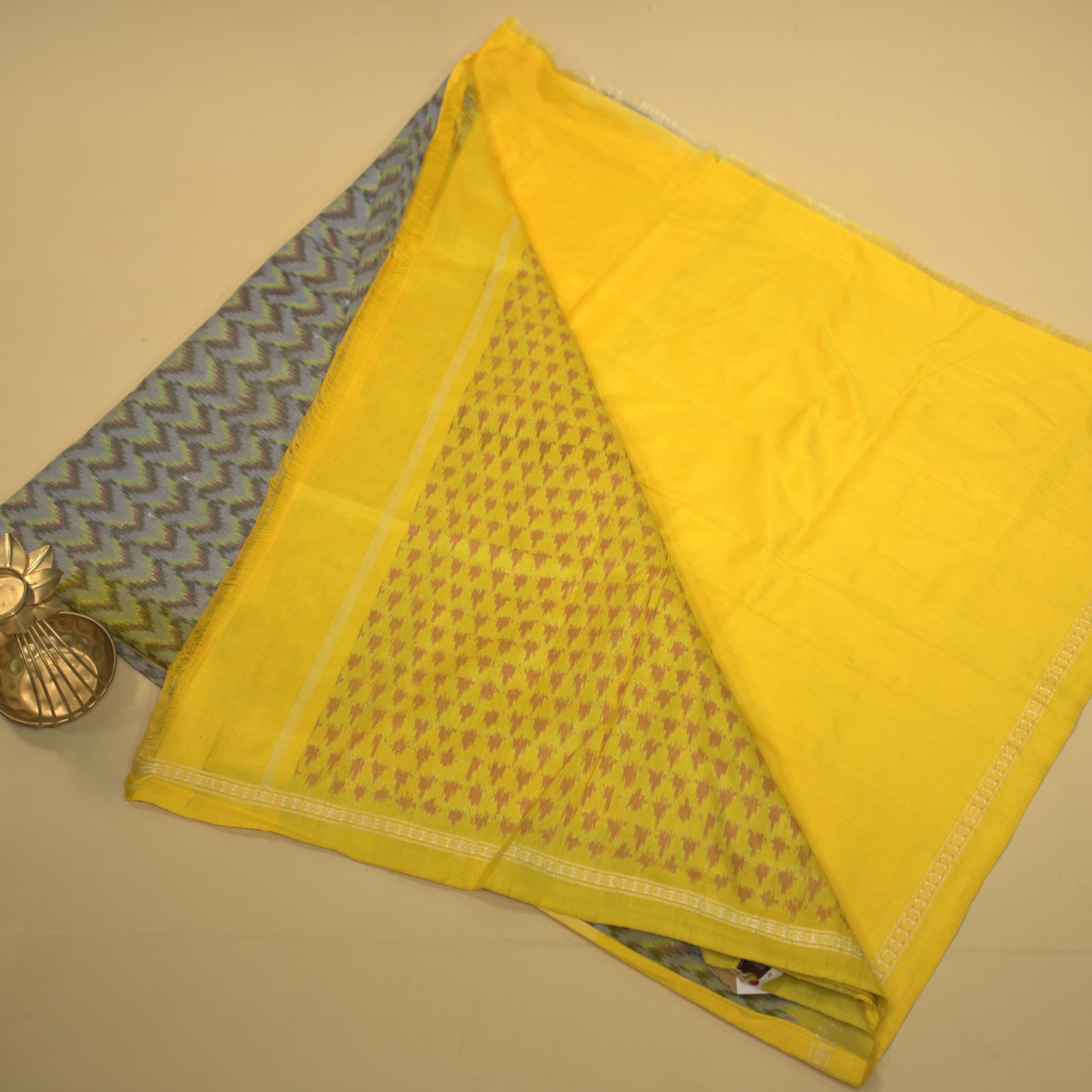Bibhu Mohapatra Bluish Grey & Yellow Mulberry Silk Pochampally Ikat Saree