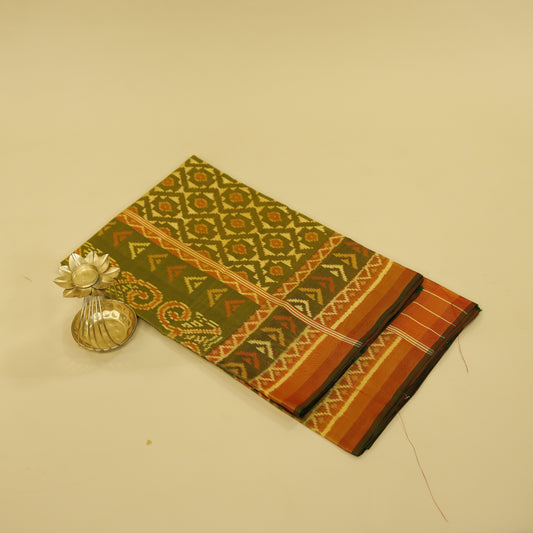 Olive Green & Rust Orange Tassar Silk  Pochampally Ikat Saree
