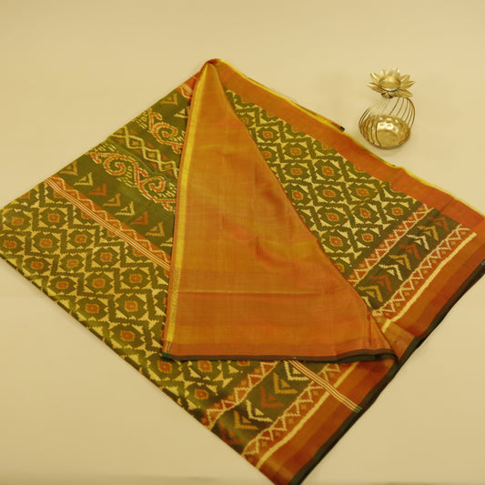 Olive Green & Rust Orange Tassar Silk  Pochampally Ikat Saree