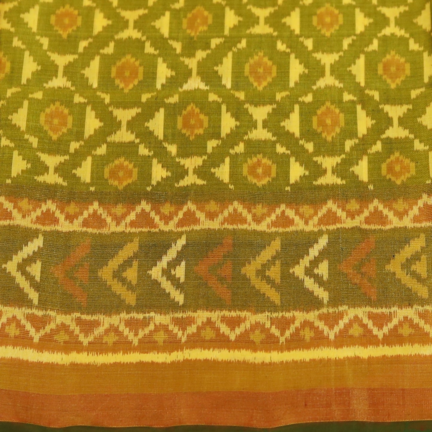 Olive Green & Rust Orange Tassar Silk  Pochampally Ikat Saree