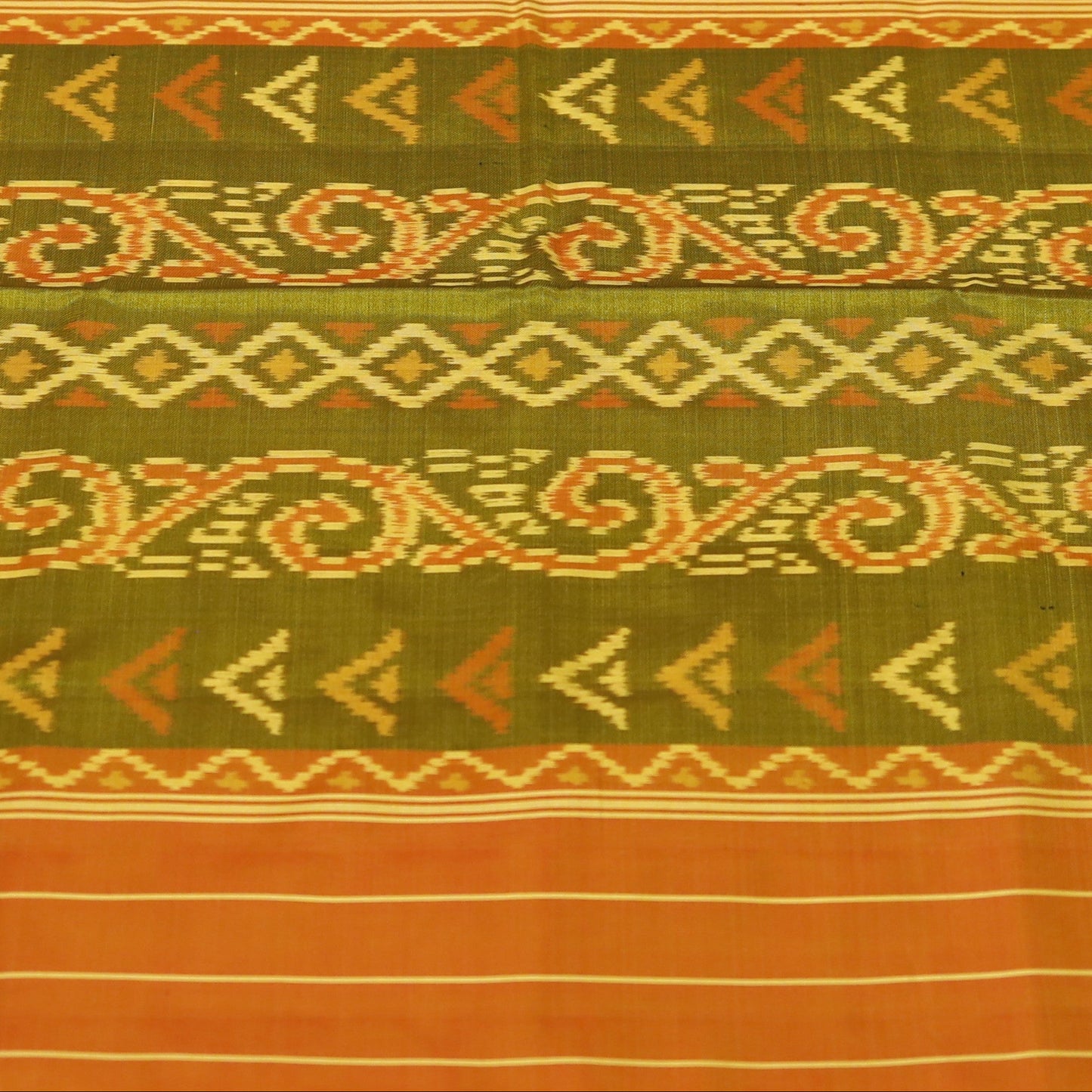 Olive Green & Rust Orange Tassar Silk  Pochampally Ikat Saree