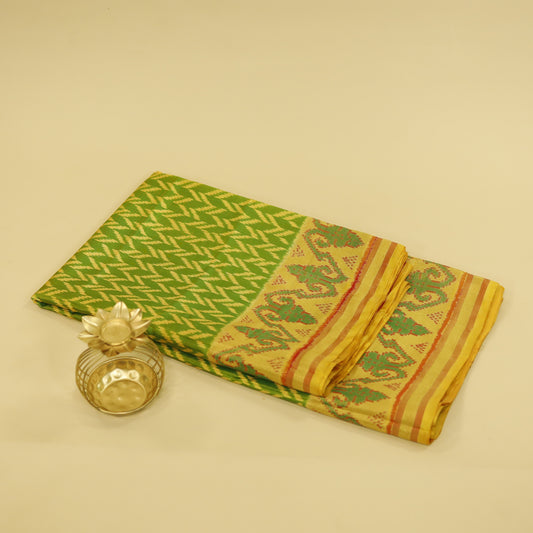 Bright Mustard Yellow & Green Tassar Silk Pochampally Ikat Saree