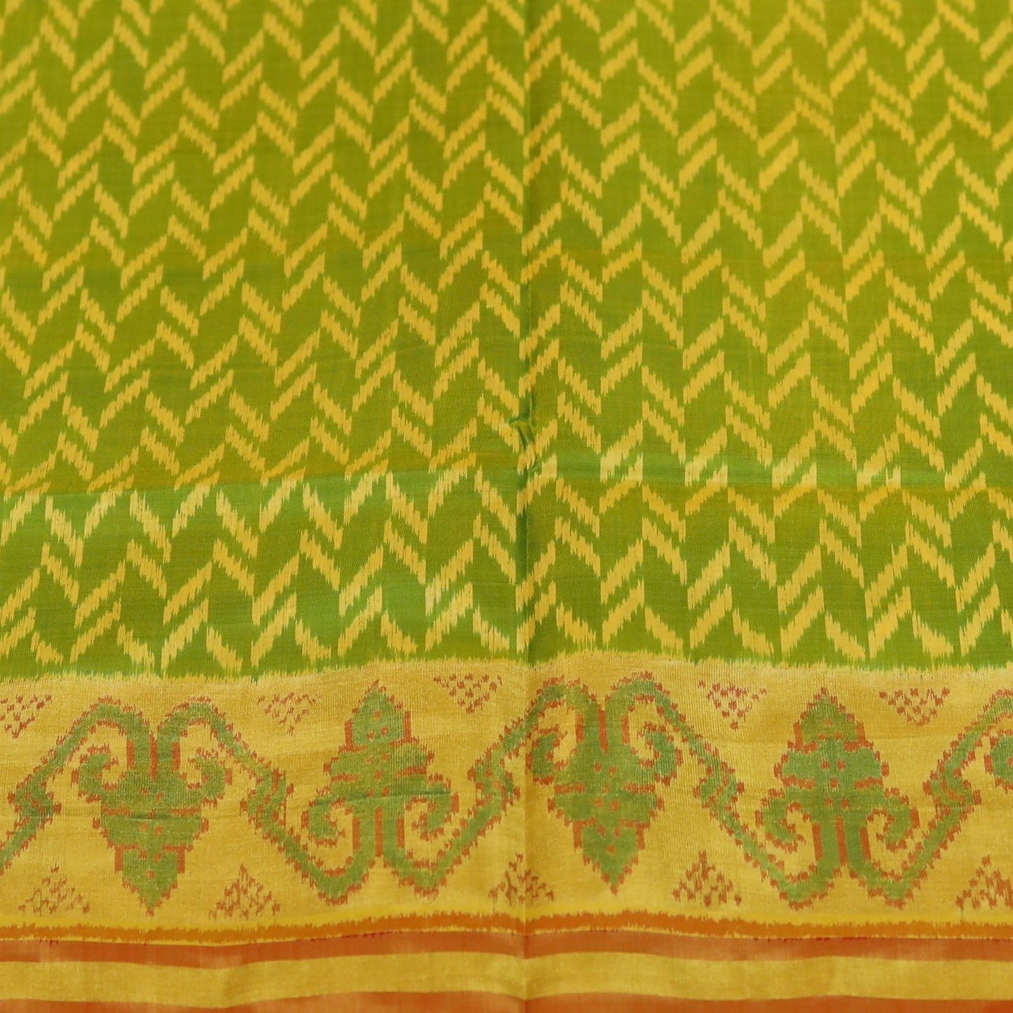 Bright Mustard Yellow & Green Tassar Silk Pochampally Ikat Saree