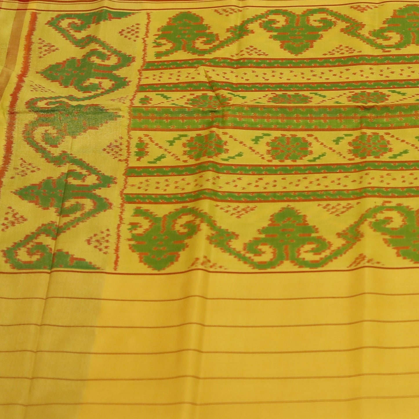 Bright Mustard Yellow & Green Tassar Silk Pochampally Ikat Saree