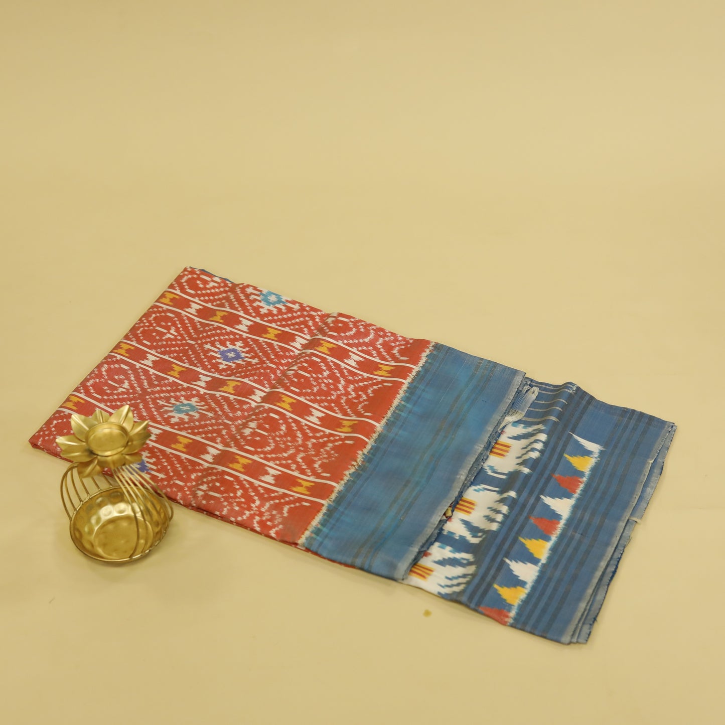 Brick Red & Light Blue  Mulberry Silk Pochampally Ikat Saree