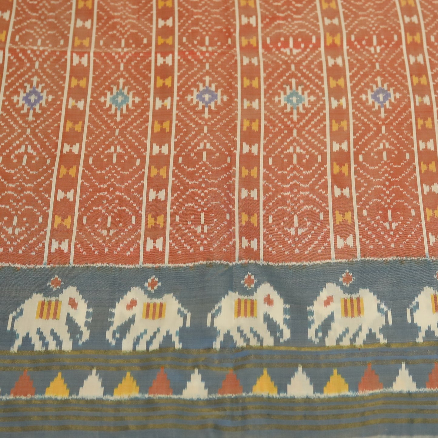 Brick Red & Light Blue  Mulberry Silk Pochampally Ikat Saree
