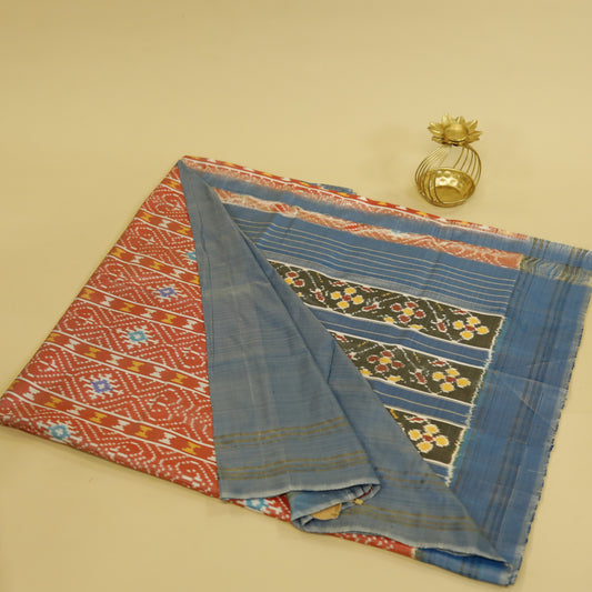 Brick Red & Light Blue  Mulberry Silk Pochampally Ikat Saree