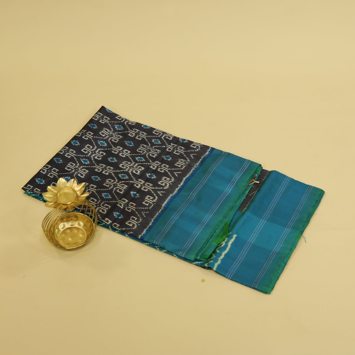 Navy Blue & Peacock Green Mulberry Silk Pochampally Ikat Saree