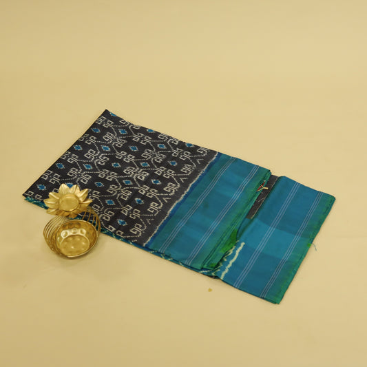 Navy Blue & Peacock Green Mulberry Silk Pochampally Ikat Saree