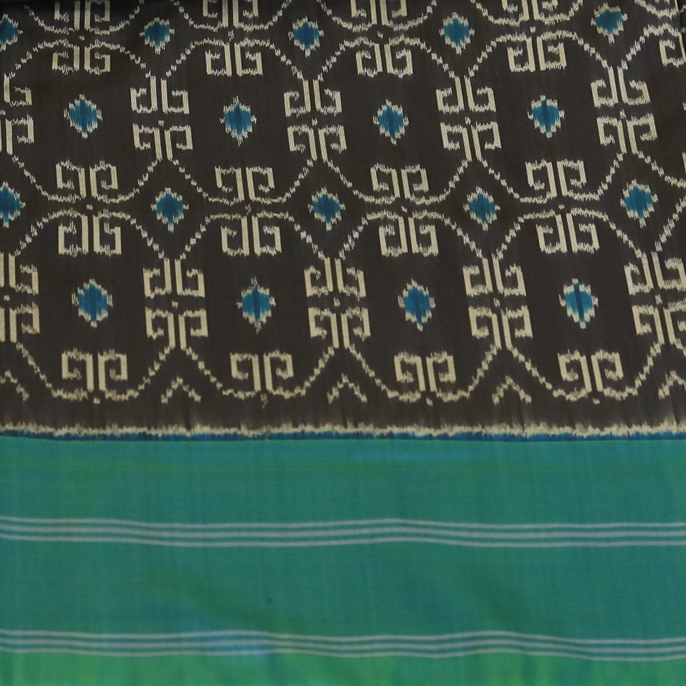 Navy Blue & Peacock Green Mulberry Silk Pochampally Ikat Saree