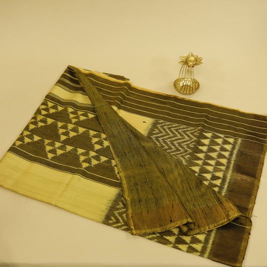 Golden Yellow & Olive Green Raw Silk Pochampally Ikat
