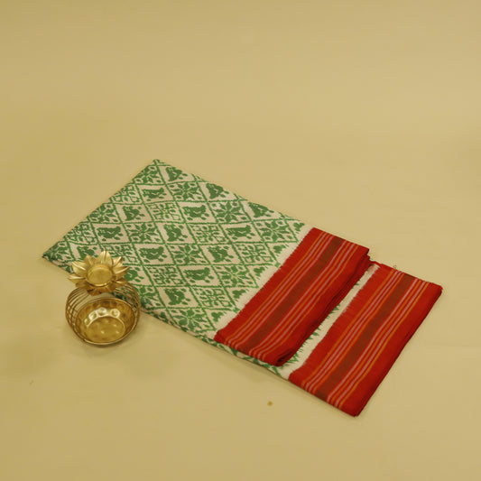 Cream-Green & Red Mulberry Silk Patola Ikat Saree