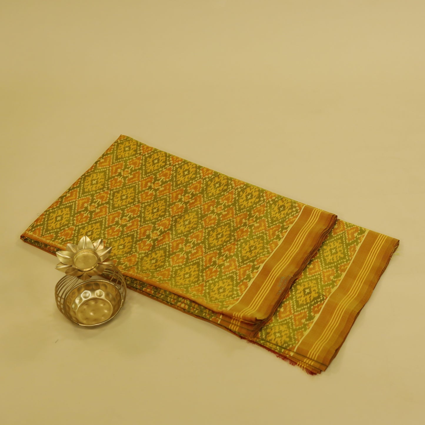 Mehendi Green & Brown Mulberry Silk Patola Ikat Saree