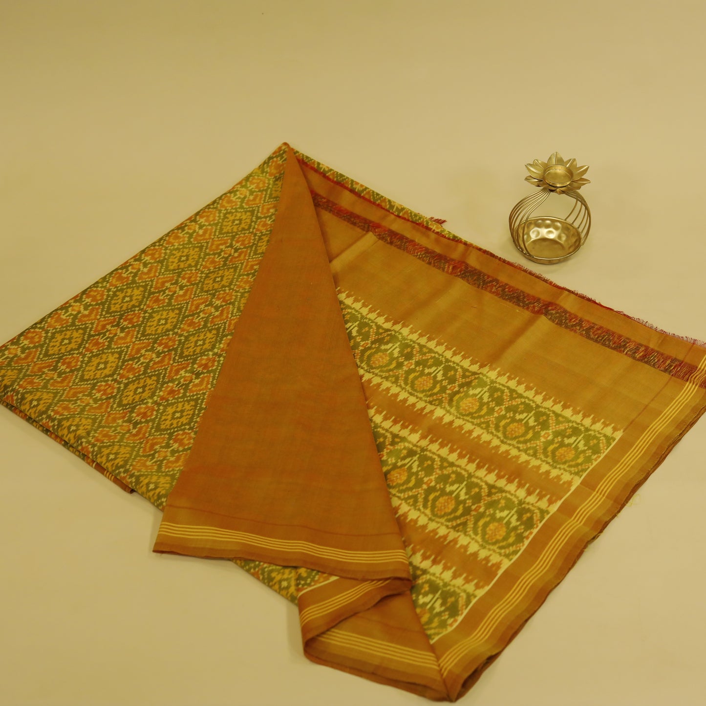 Mehendi Green & Brown Mulberry Silk Patola Ikat Saree