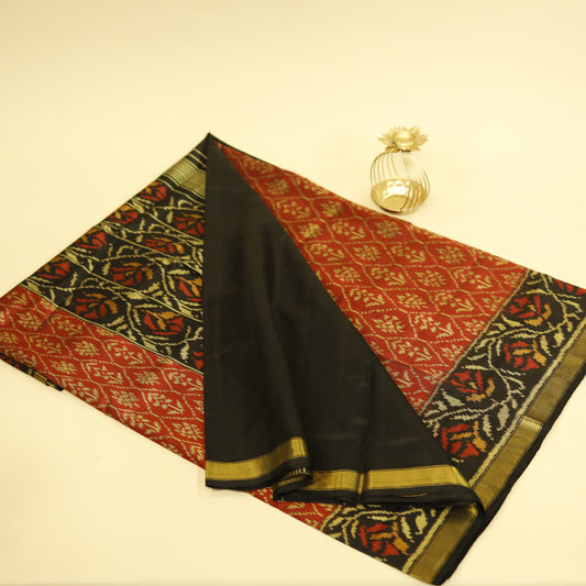 Maroon & Golden Mulberry Silk Patola Ikat Saree