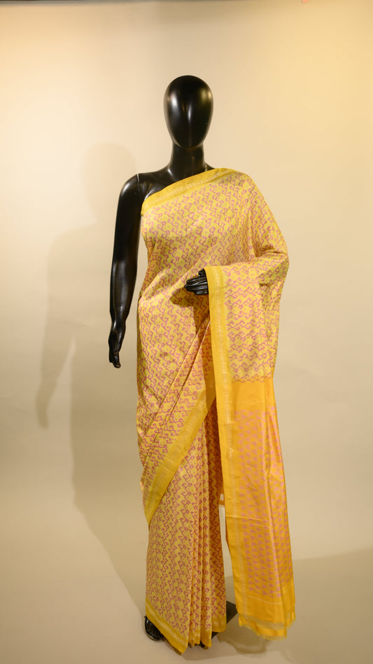 Bibhu Mohapatra Yellow & Pink Mulberry Silk Pochampally Ikat Saree