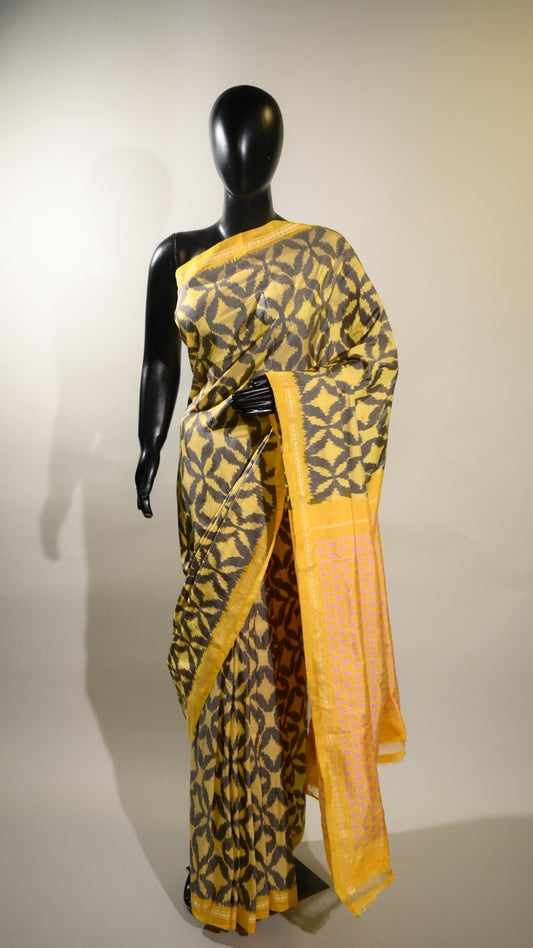Bibhu Mohapatra Yellow & Grey Mulberry Silk Pochampally Ikat Saree