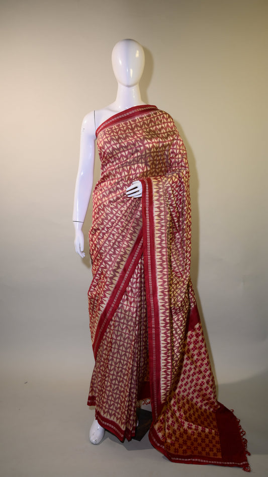 Bibhu Mohapatra Red & Light Yellow Mulberry Silk Pochampally Ikat Saree