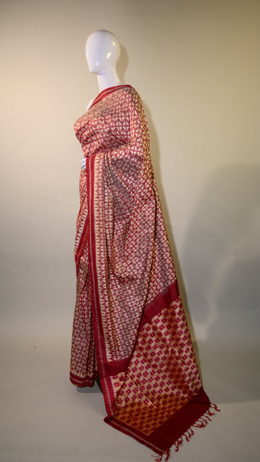 Bibhu Mohapatra Red & Light Yellow Mulberry Silk Pochampally Ikat Saree