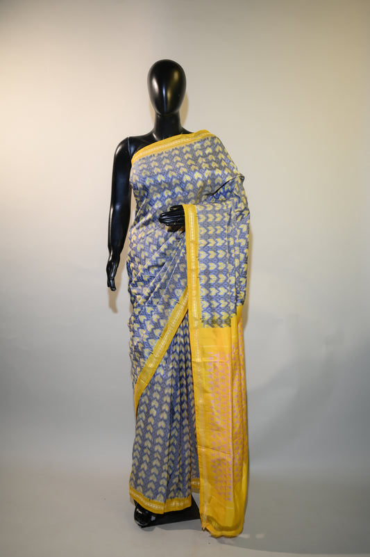 Bibhu Mohapatra Bluish Grey & Yellow Mulberry Silk Pochampally Ikat Saree