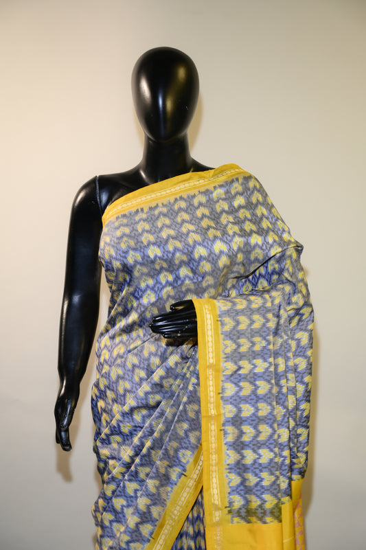 Bibhu Mohapatra Bluish Grey & Yellow Mulberry Silk Pochampally Ikat Saree