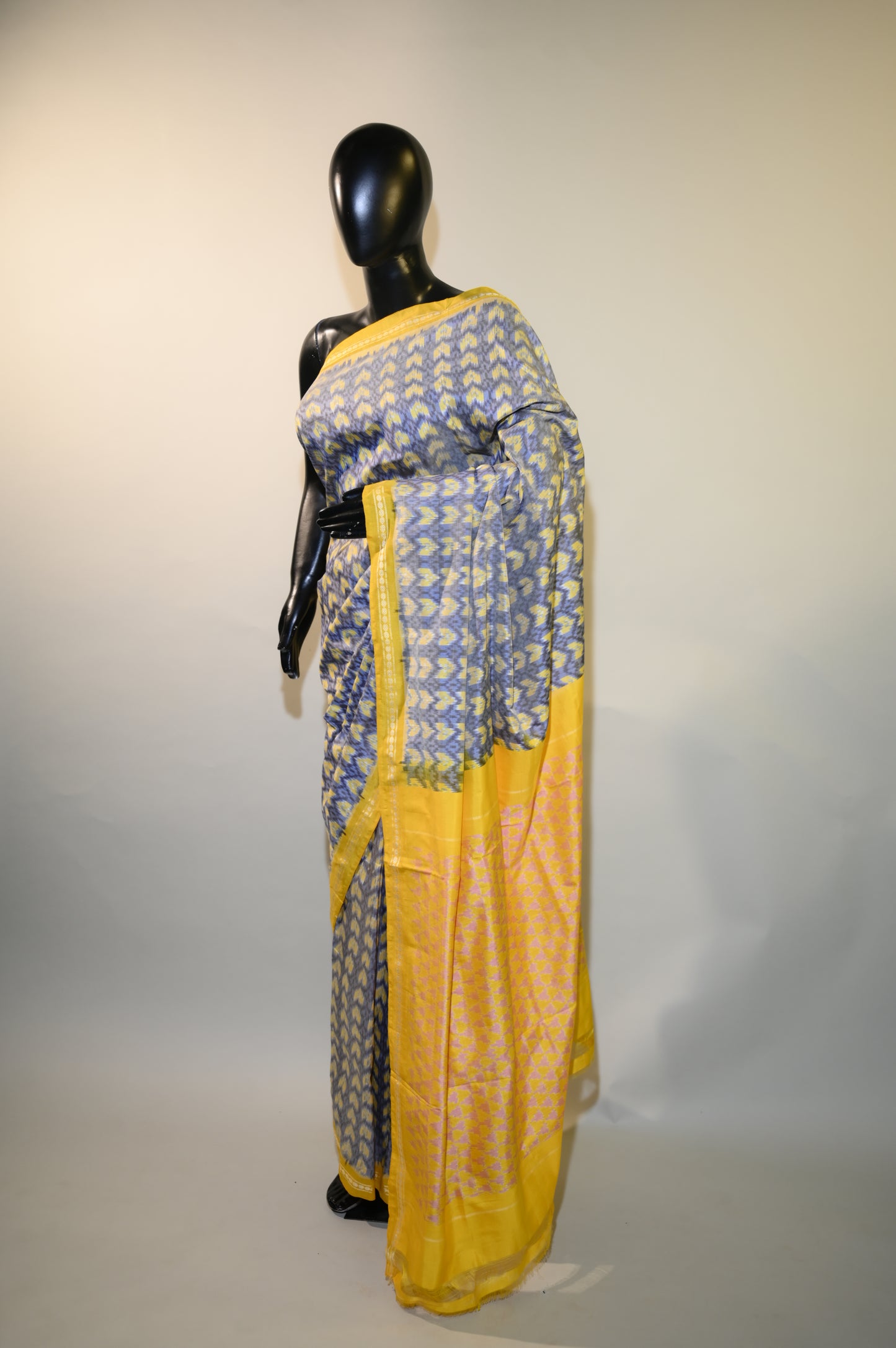 Bibhu Mohapatra Bluish Grey & Yellow Mulberry Silk Pochampally Ikat Saree