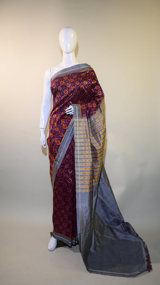 Bibhu Mohapatra Dark Purple & Orange Mulberry Silk Odisha Ikat Saree