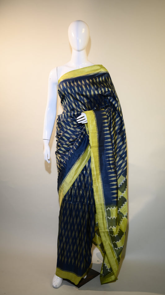 Bibhu Mohapatra Navy Blue & Lime Green Mulberry Silk Odisha Ikat Saree