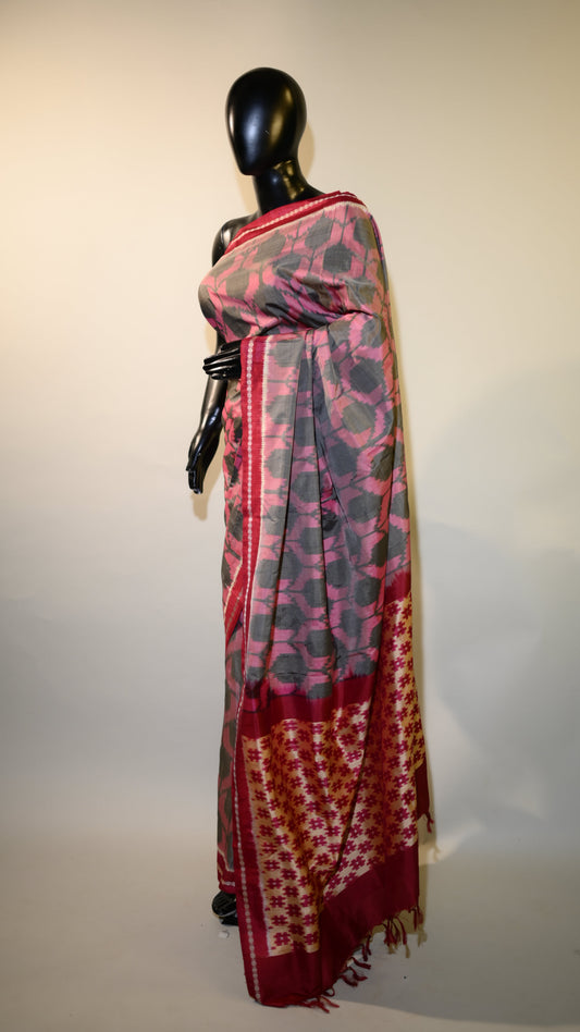 Bibhu Mohapatra Blush Pink & Grey Mulberry Silk Pochampally Ikat Saree
