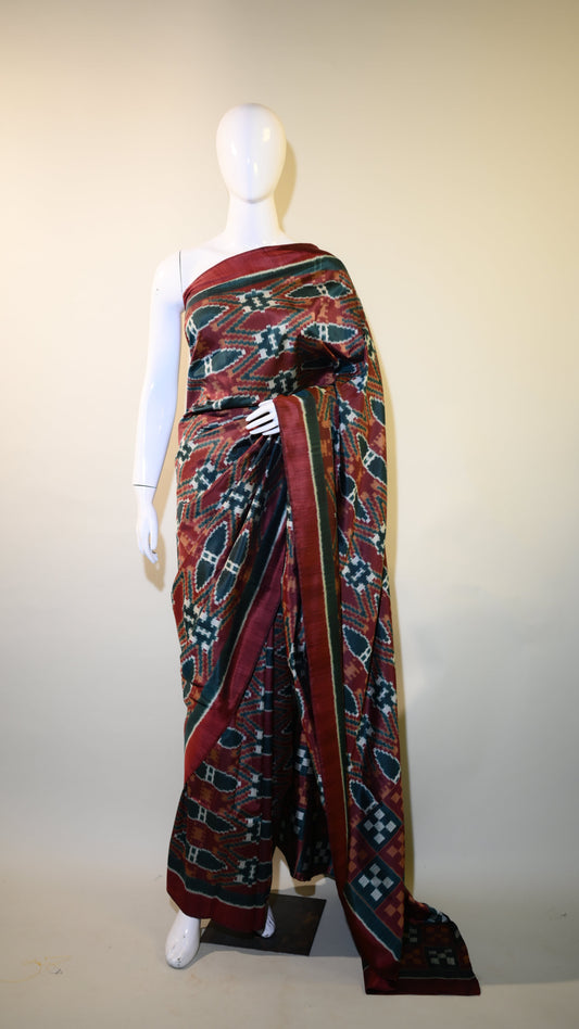 Bibhu Mohapatra Maroon & Blue Mulberry Silk Odisha Ikat Saree