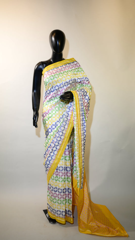 Bibhu Mohapatra Yellow & White Mulberry Silk Pochampally Ikat Saree